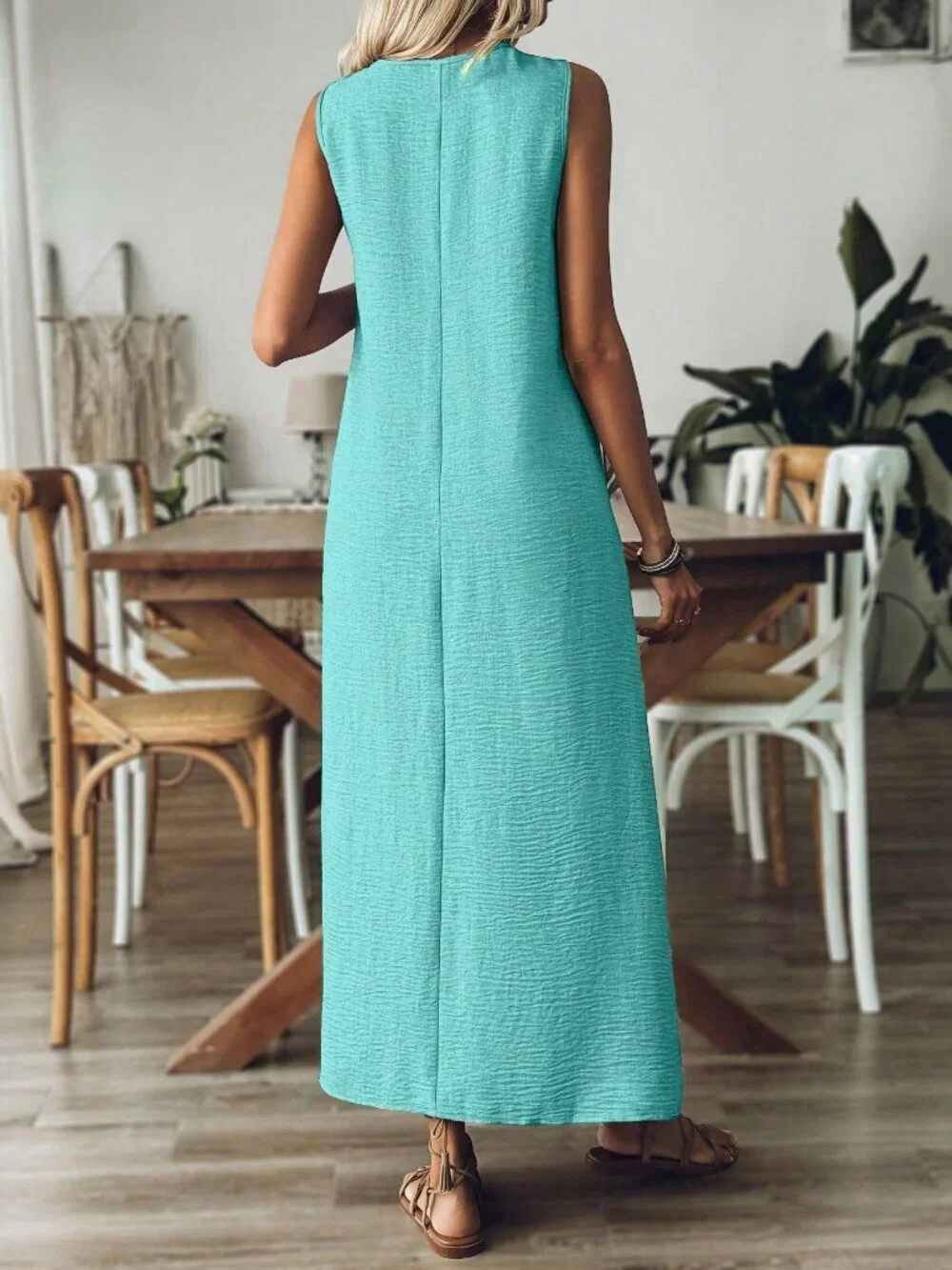 Mint Blue Casual Women's V-Neck Sleeveless Loose Comfortable Maxi Dress
